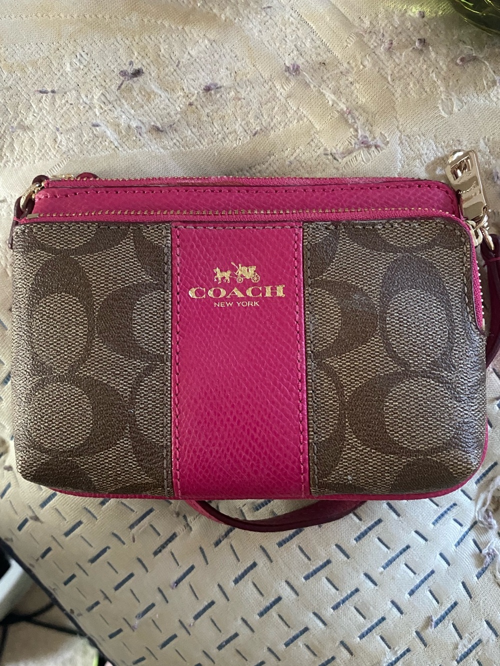 Coach Brown Signature Canvas Wristlet with Pink Stripe